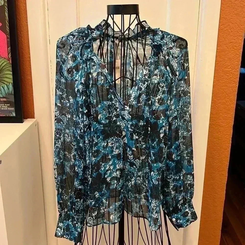 NWT Anthropologie Sheer Printed Peasant Blouse-Sz M